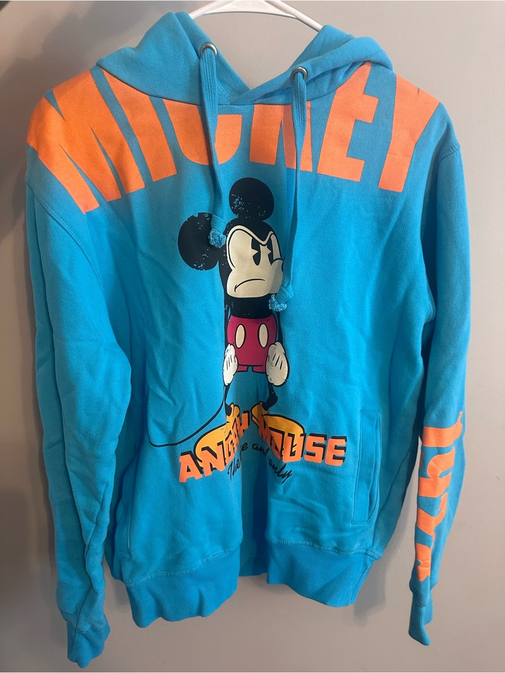 👕 Disneyland Paris Angry Mickey Mouse Graphic Hoodie - Blue & Orange - Medium